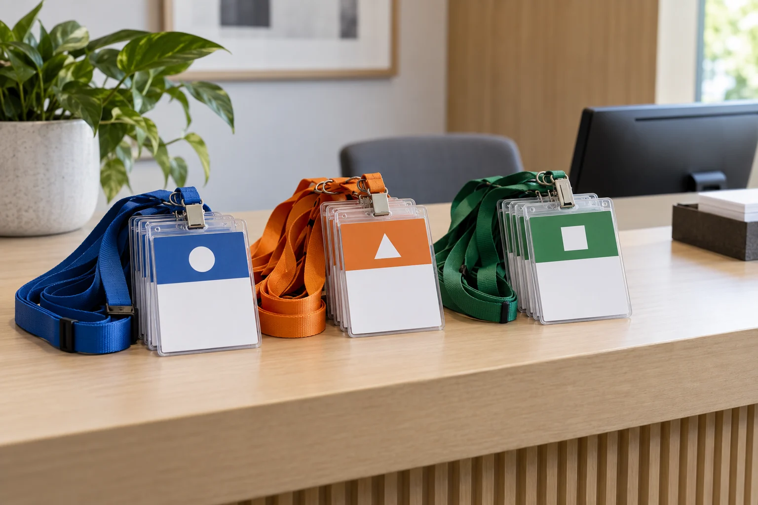 Trois groupes de badges bleus, orange et verts distingués par des formes blanches