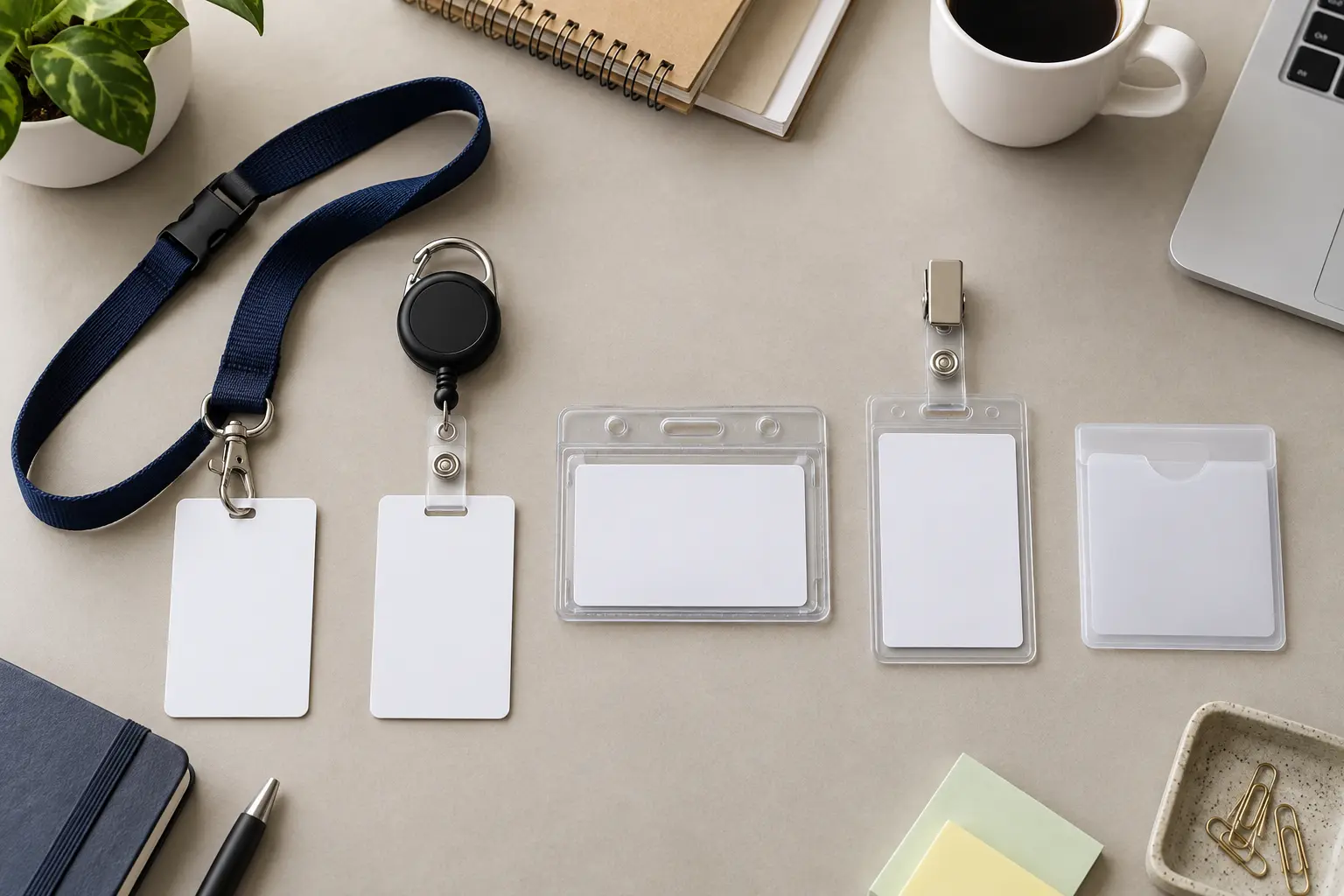 Tour de cou, enrouleur et porte-badges disposés sur un bureau