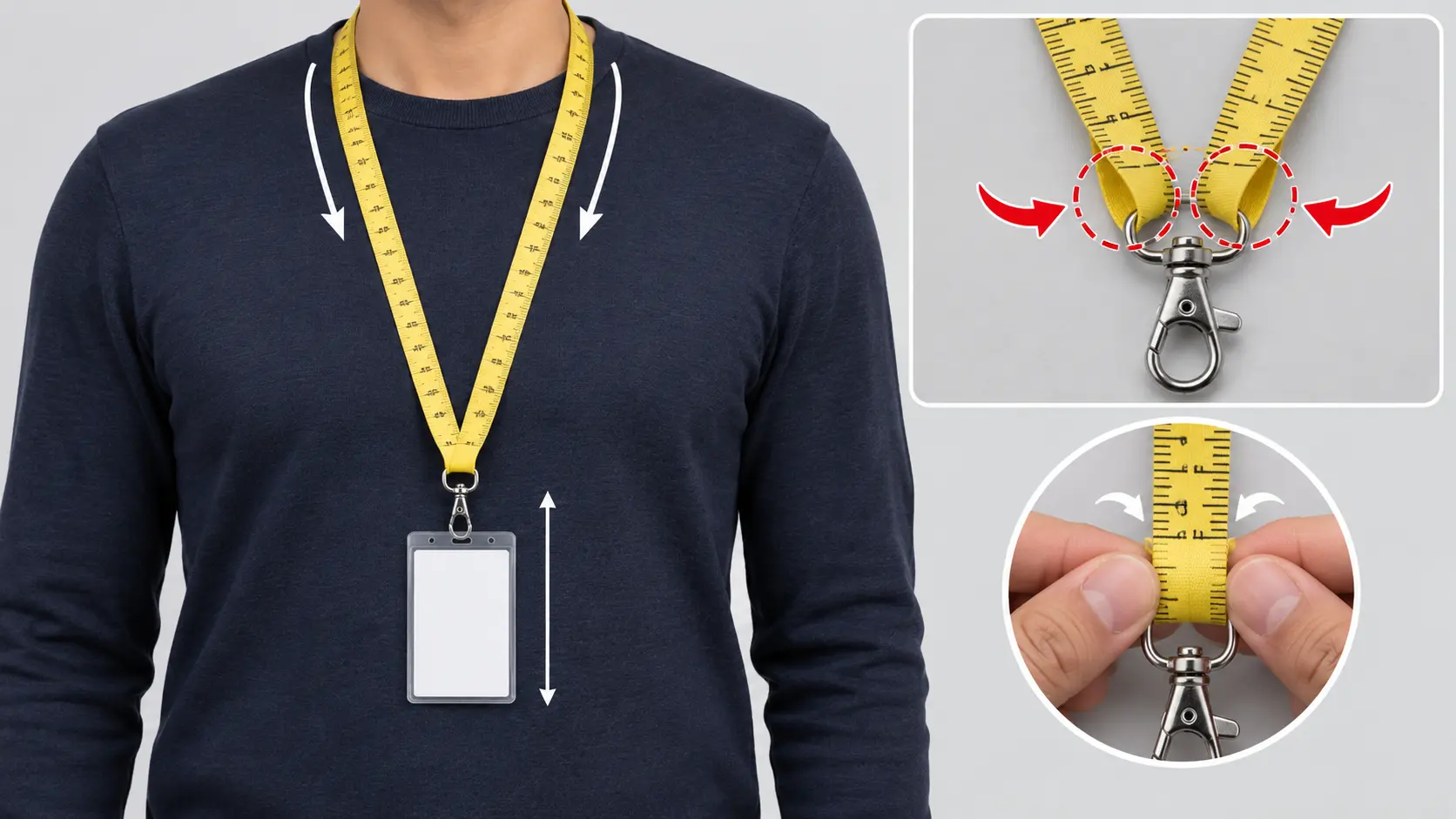 Mesure d'un cordon porte-badge autour du cou avec repères pour le mousqueton et les replis