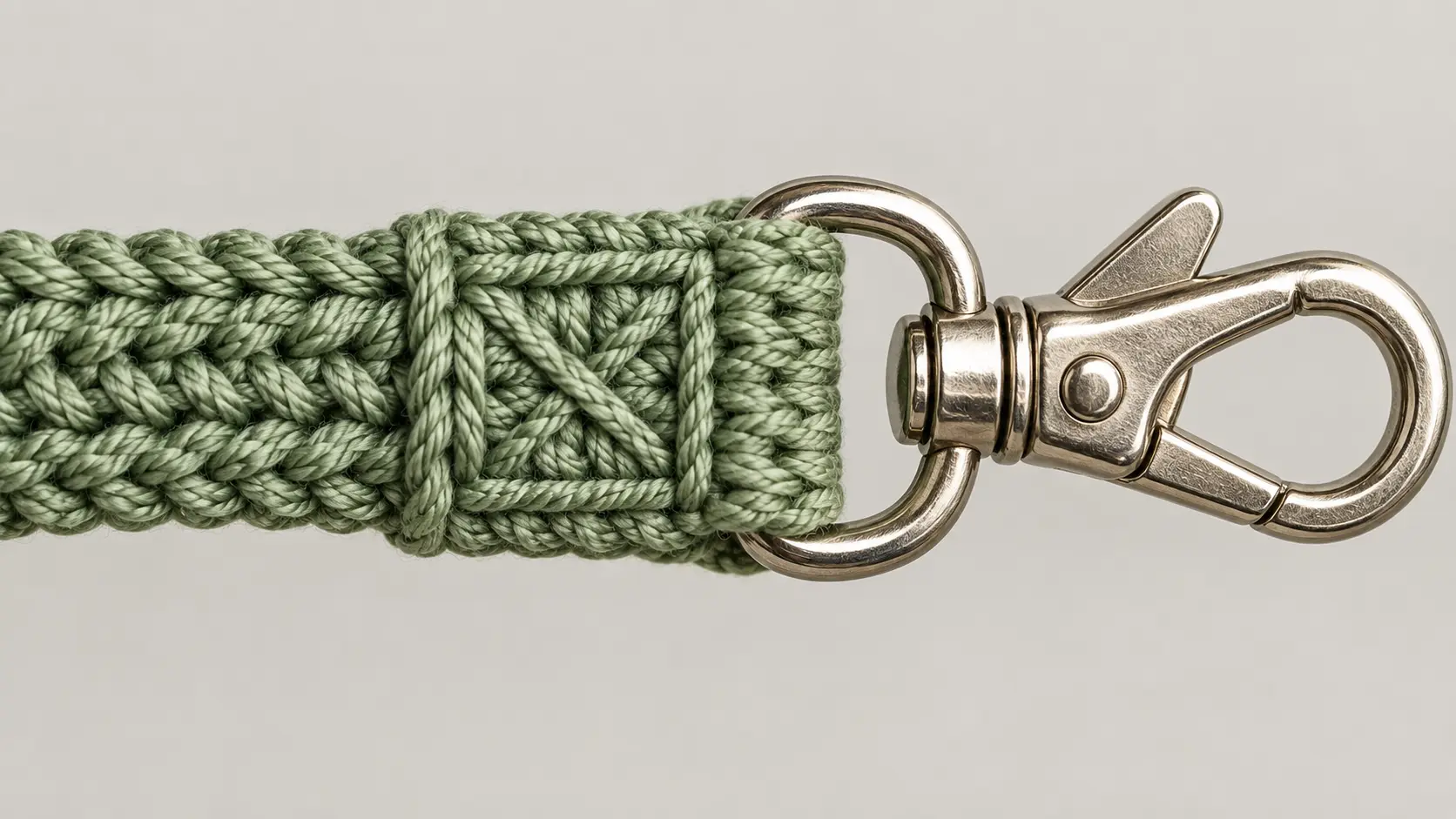 Gros plan sur le repli cousu d'un cordon au crochet autour d'un mousqueton pivotant