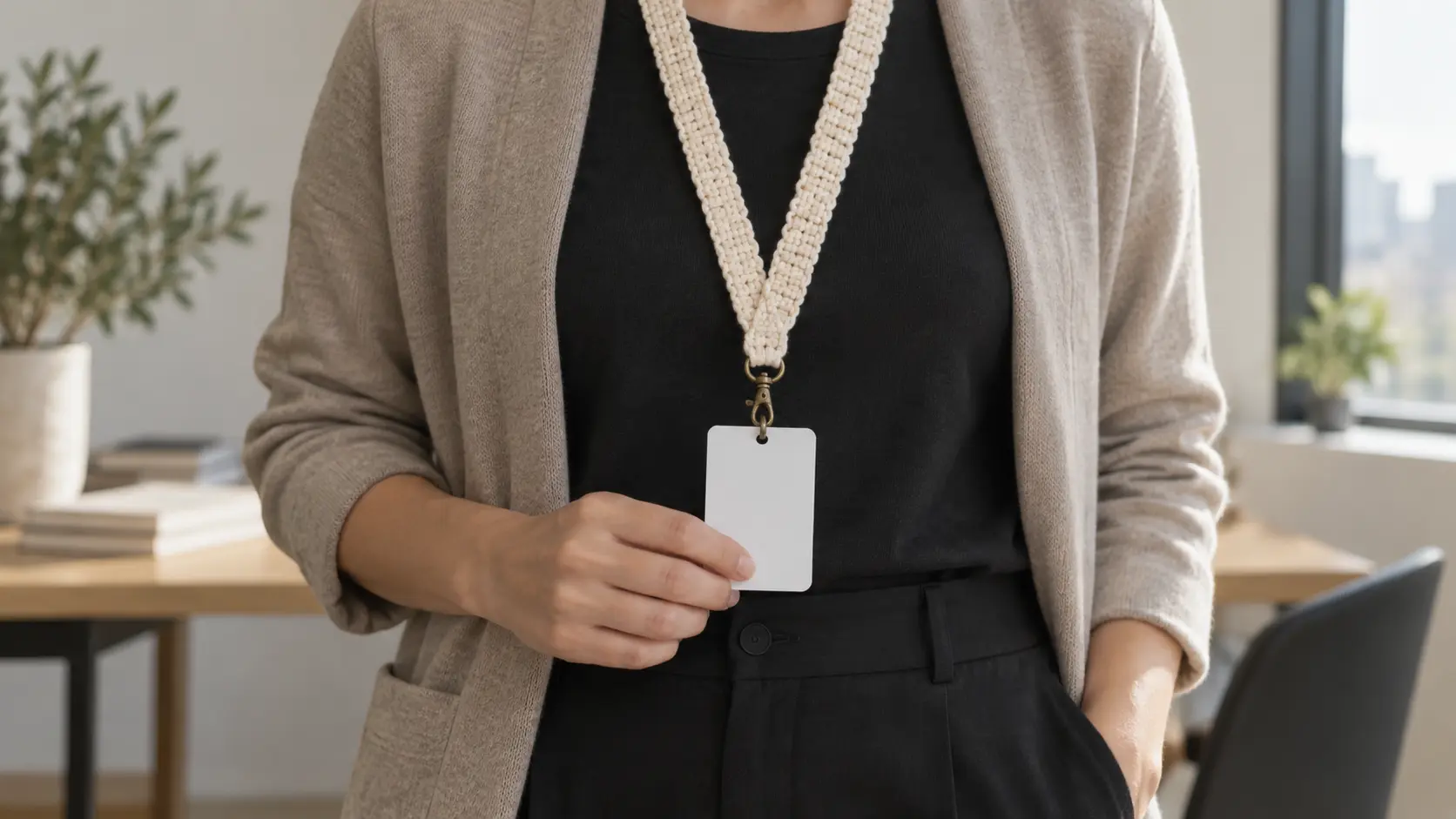 Cordon porte-badge au crochet porté à plat sur un vêtement sobre